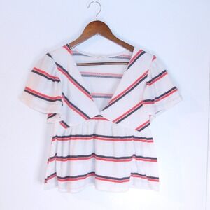 Pie in the Sky Striped Peplum Top Flutter Sleeve Blouse White Red Blue Lg /#6159